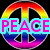 Three rainbow-colored peace symbols with 'PEACE' text overlays in different colors on a black background.