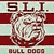 Pixelated icon with red and light blue horizontal stripes, featuring a central circular emblem with a stylized face and text above and below.