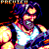 Pixelated character with spiky blue hair and a white tank top, holding glowing yellow objects against black background.