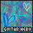 Static pixel art icon with blue and cyan abstract background, white heart outline at top center, black text banner reading "GUITAR HERO" across bottom.