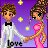 Pixel art of two figures holding hands against a purple starry background, with 'love' text at the bottom.