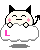 Pixel art cat with black ears and tail, pink cheeks, holding a cloud-shaped object that displays changing text from L to LI to LIN to LINK.