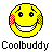 Pixelated yellow smiley face icon with red checkered cheeks, black outline, and visible teeth, positioned above the text "Coolbuddy" on a gray background.
