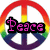 A static image of a rainbow-colored peace symbol with 'Peace' text on the left and 'Love' text on the right, both in pink pixelated font.