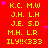 Red background with yellow text and pink stars, showing repeated patterns of names and symbols in a