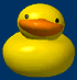 Yellow rubber duck with orange beak and black eyes on blue background, arranged in three of four ducks each