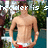 A pixelated image of a shirtless man in swimwear standing outdoors with greenery and water behind him, overlaid text reads "Traveller is s".