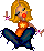 Pixelated character with blonde hair, orange top with yellow star, blue pants, and pink accessories, shown in two poses against gray background.