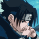 Anime character with black hair and headband, hand near mouth in four sequential poses showing eye movement from closed to open.