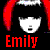 Pixelated anime-style icon of a character with red hair and black bangs, featuring two text variants: 'Emily' in red and white.