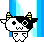 Pixelated cartoon cow with black-and-white face, yellow horns, and 'W' mouth expression against blue striped background.
