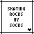 25 pixel-art squares with text "SKATING ROCKS MY SOCKS" and red heart symbols in varying positions