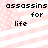 Pixelated text 'assassins for life' on a pink and white striped background with a faint American flag pattern.