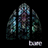 Pixelated image of a figure with blue and purple tones, flanked by two curved shapes, with a small rectangular element below.
