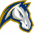 A static pixelated icon features a white horse head in profile, outlined by blue and gold borders on a white background.
