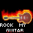 A static image of a brown electric guitar engulfed in orange and yellow flames, with 'ROCK MY GUITAR' text below it on a black background.