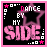 A 5-frame animated contact sheet showing a pixel art buddy icon with pink and black colors, featuring the text "DANCE BY MY SIDE" over a star outline with changing border elements.
