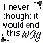 Pixelated text reads 'I never thought it would end this way' with purple accents on letters and small square decorations, displayed