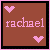 Two side-by-side pixel art with brown backgrounds, pink borders, and two pink heart symbols; the left shows 'rachael' in pink text while the right shows it in white text