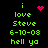 Green pixelated text on black background with pink heart and starburst icons, displaying 'i love Steve 6-10-08 hell ya' in two side-by-side