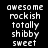 six displays a sequence where green highlight bars shift across of pixelated text reading 'awesome', 'rockish', 'totally', 'shibby', and 'sweet' on black background