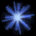Six blue starburst shapes with white centers arranged in two on a black background, each showing slight variations in ray length and brightness