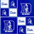 A grid of nine pixelated icons on a blue background, featuring abstract shapes and stylized figures in white and light blue tones.