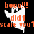 Pixelated ghost icon with orange text 'booo!!! did i scare you?' on black background, showing two color variations.