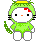 Pixelated character with white face, black eyes, orange nose, red bow on head, green hair and clothing, holding a green leaf-like object against gray background.
