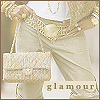 A person in gold and white attire holds a textured gold handbag, with a 'glamour' text overlay at the bottom.