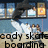 Pixelated image shows a beach scene with two figures, one in white and one in brown, under a dark structure with a yellow light, text below reads 'body skate' and 'bodyskating'.