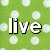 Green polka-dot background with white text 'live' and 'love', black text 'laugh' on a split layout