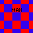 Four identical pixelated 'MAX' text elements arranged over red and blue geometric patterns with varying shapes