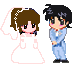 Pixel art of two anime-style characters in wedding attire, the female character with a white veil and dress, male character in light blue suit, standing side-by-side against gray background.