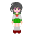 Pixel art character with gray hair and purple eyes in green school uniform, red shoes, and checkered socks across multiple poses.