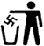 Black stick figure with outstretched arm holding a swastika over an open trash bin, displayed in two variations of pixelation and background color.