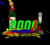 Green '2001' text with red accents sits below a bottle and glass, surrounded by confetti and floating shapes on a black background.