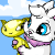 Animated contact sheet of a white bunny-like character hugging a yellow petpet against a blue sky background, with visible frame-by-frame motion changes in the characters' eyes and poses.