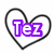 Three heart-shaped icons with 'Tez' text in purple, pink, and cyan colors inside black outlines on white backgrounds.