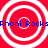 Red background with four white concentric circles arranged in a , blue text "Rhoni Rocks" repeated horizontally across the image