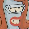 Cartoon character with light blue skin, red lips, and orange hair, showing a stern expression with narrowed eyes and clenched teeth.