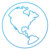 Pixelated circular icon with light blue and white tones depicting a stylized globe outline against a white background.