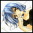 Pixelated anime-style character with blue hair and brown eyes, hand near face, against white and black background with text.