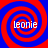 Four identical spiral patterns in red and blue with the text 'leonie' overlaid in white, arranged in a on a solid red background