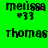 Green background displays four identical pixelated text blocks with 'melissa' and 'thomas' names, each followed by a heart-33 symbol, some showing pink dot animations.