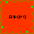 Red background with brown border and green star-like shapes, four instances of "Amara" text in black pixelated font arranged in a