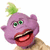 Pixelated purple character with green eyes, open mouth showing teeth, green leaf on top, and brown neck against white background.