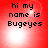 Red background with black text reading 'hi my name is Bugeyes' and a bright white light effect that shifts position across four