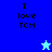 A pixelated image divided into four quadrants with blue backgrounds, displaying the text "I love TOM" in black and two star icons.
