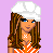 Pixel art contact sheet showing three frames of an animated AIM buddy icon featuring a cartoon woman in party attire with text overlays on a purple background.